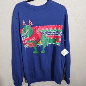 Ugly Christmas Sweater TRex Large Blue